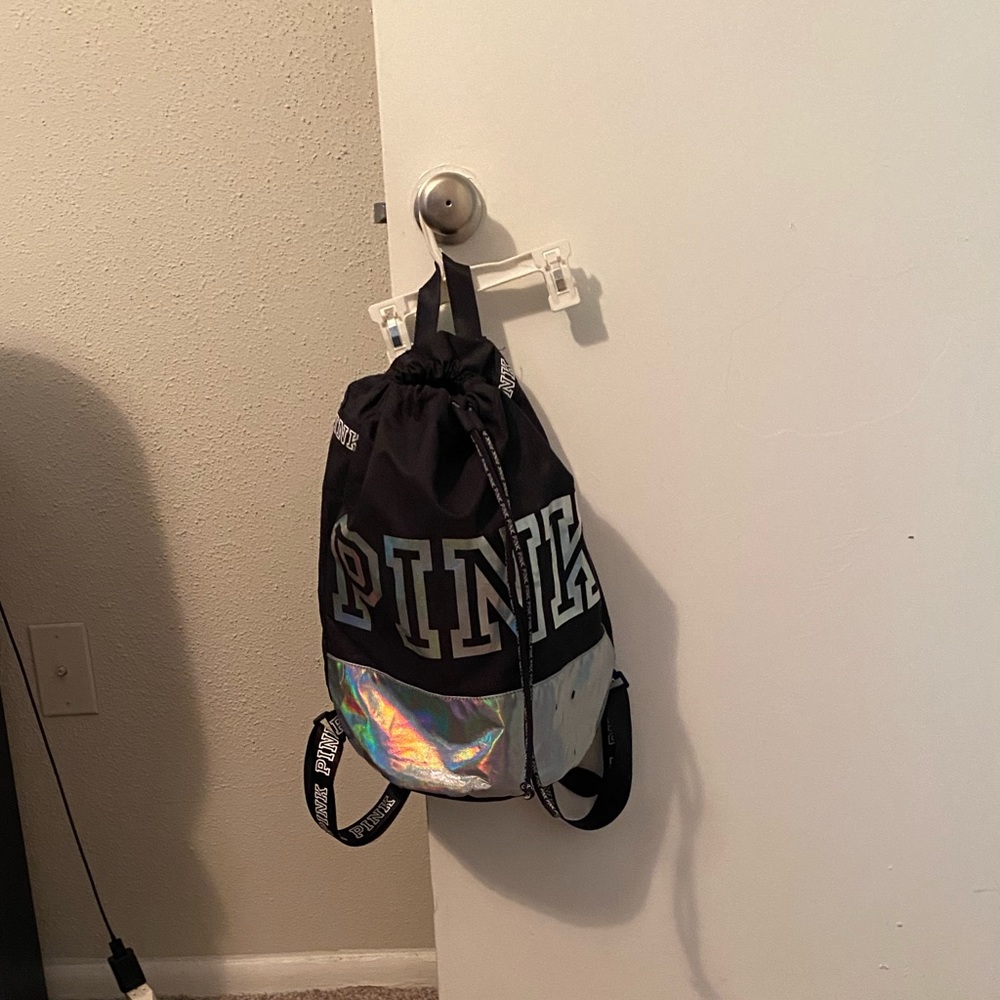 ❤️ PINK logo Holographic Drawstring Bag